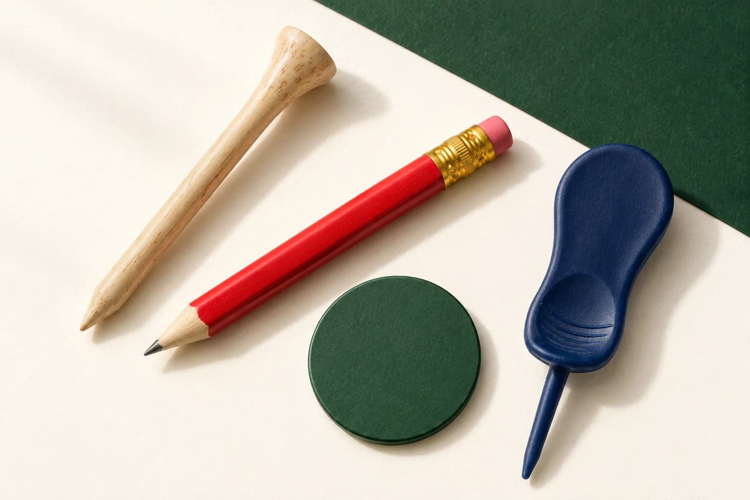 Illustrative arrangement of tees, pencil, marker and divot tool