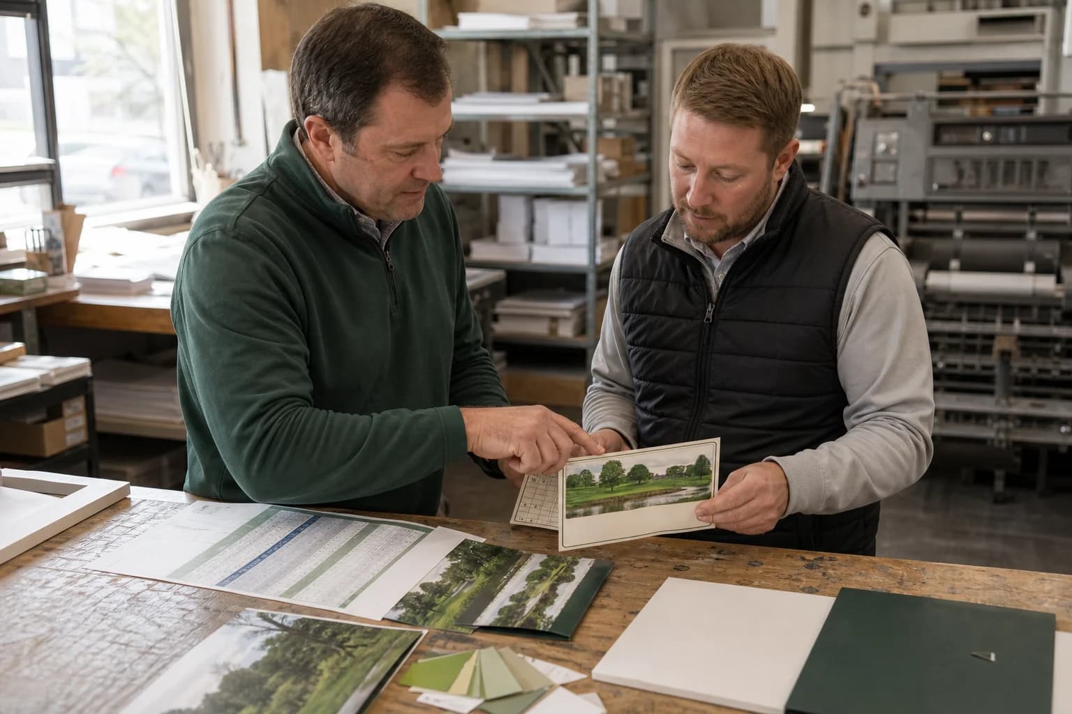 A course professional and designer reviewing a golf scorecard proof together