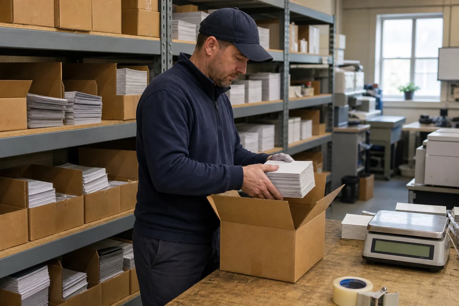 A staff member packing finished golf scorecards for a replenishment shipment