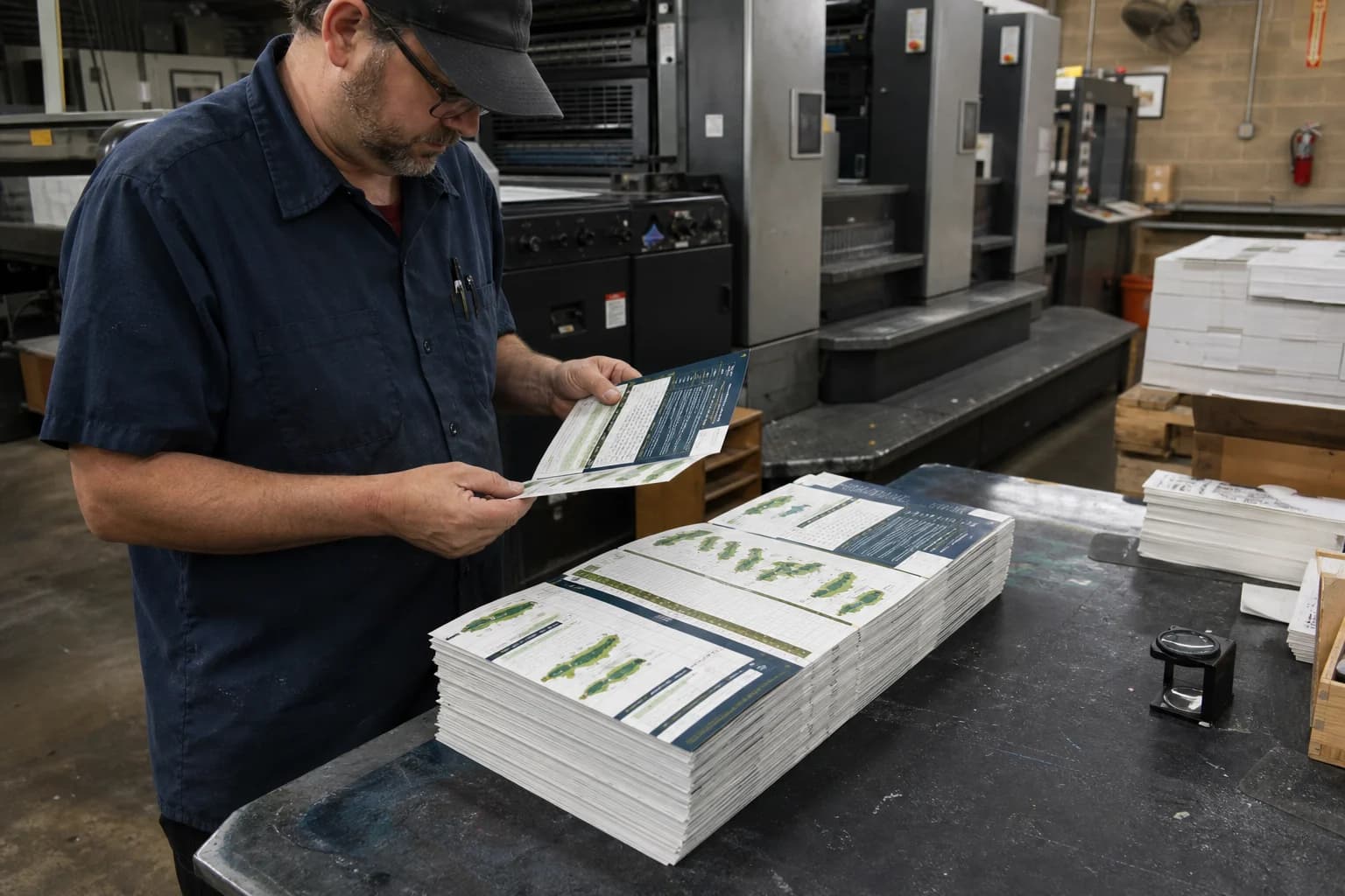 Press operator inspecting freshly printed golf scorecards