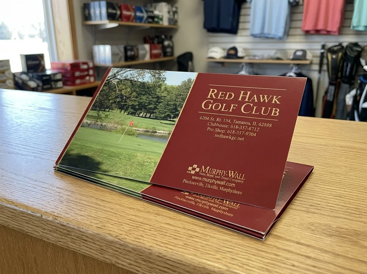 Red Hawk Golf Club's printed scorecard on a pro-shop counter